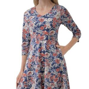 Pact Floral V-Neck Midi Dress in Navy, Coral & Cream